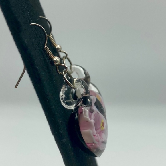 Art Glass Heart Earrings With Flower - Picture 2 of 5
